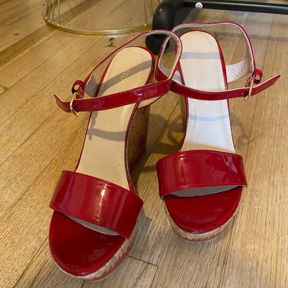 Stuart Weitzman Red Flame Painted Patent Cork Wedge Heel - Picture 10 of 17